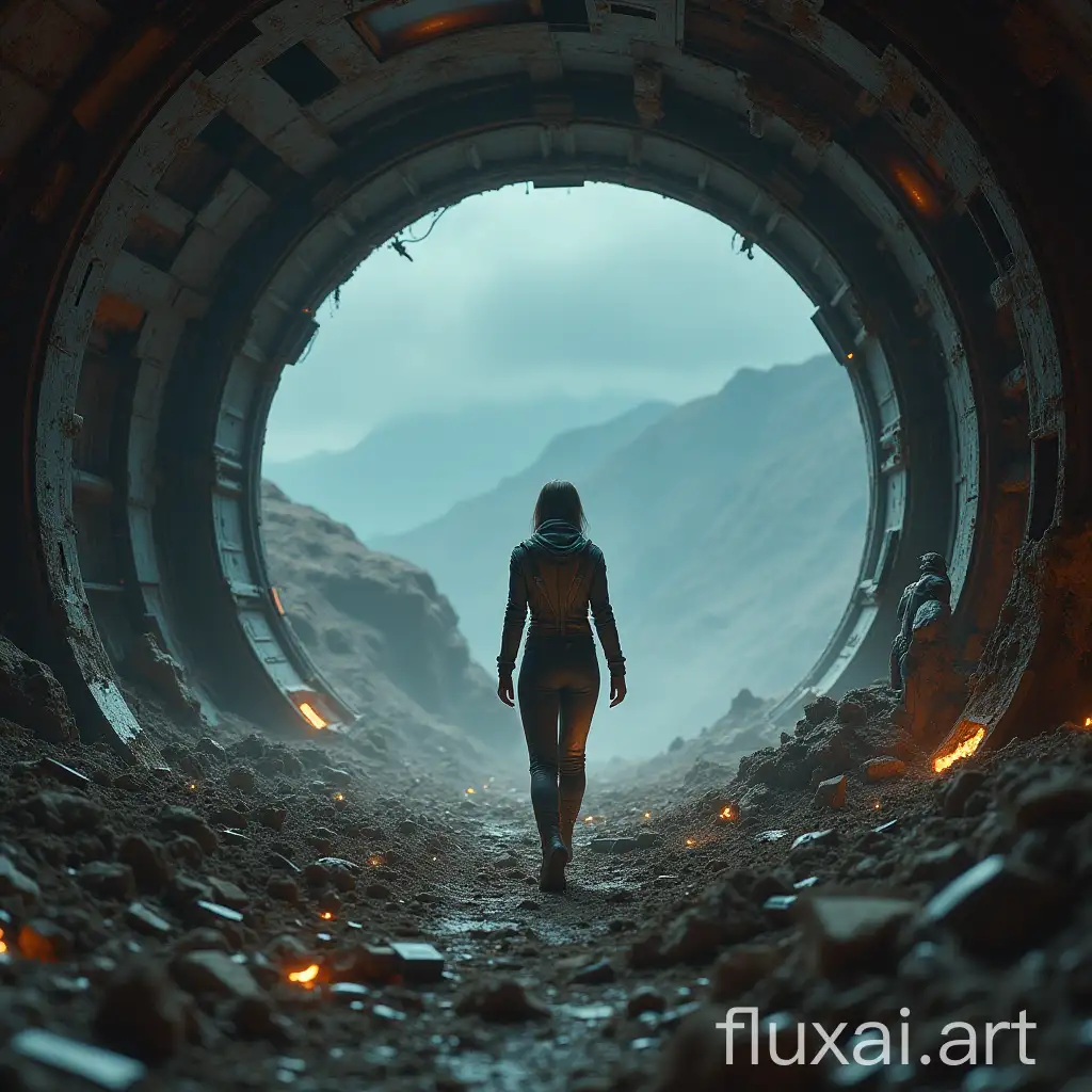 female in sci-fi suit, moving inside destroyed alien spaceship, unknown planet, mountains, dust, night