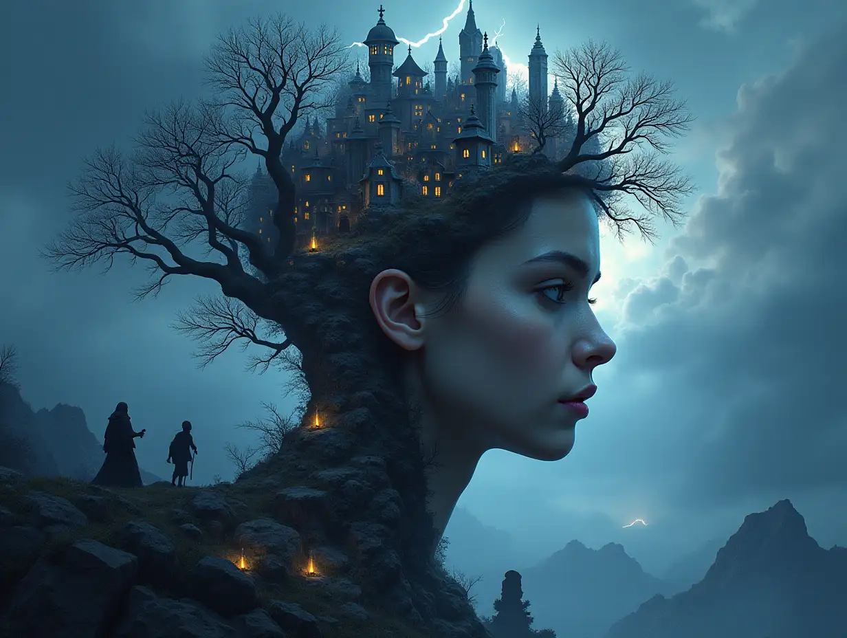 Creating a digital painting face with hair transformed into buildings with silver stones and Illuminated trees with branches and lantern and alien creatures on a mountain and lightning at day