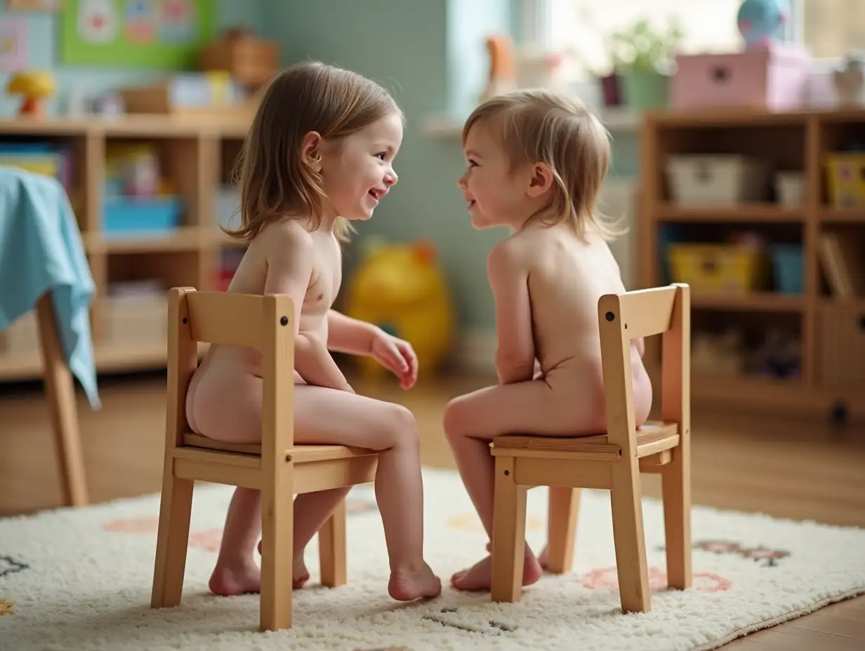 Two-Tiny-Girls-Sitting-on-Wooden-Chairs-in-Preschool-Classroom-Grinning-with-Bare-Feet