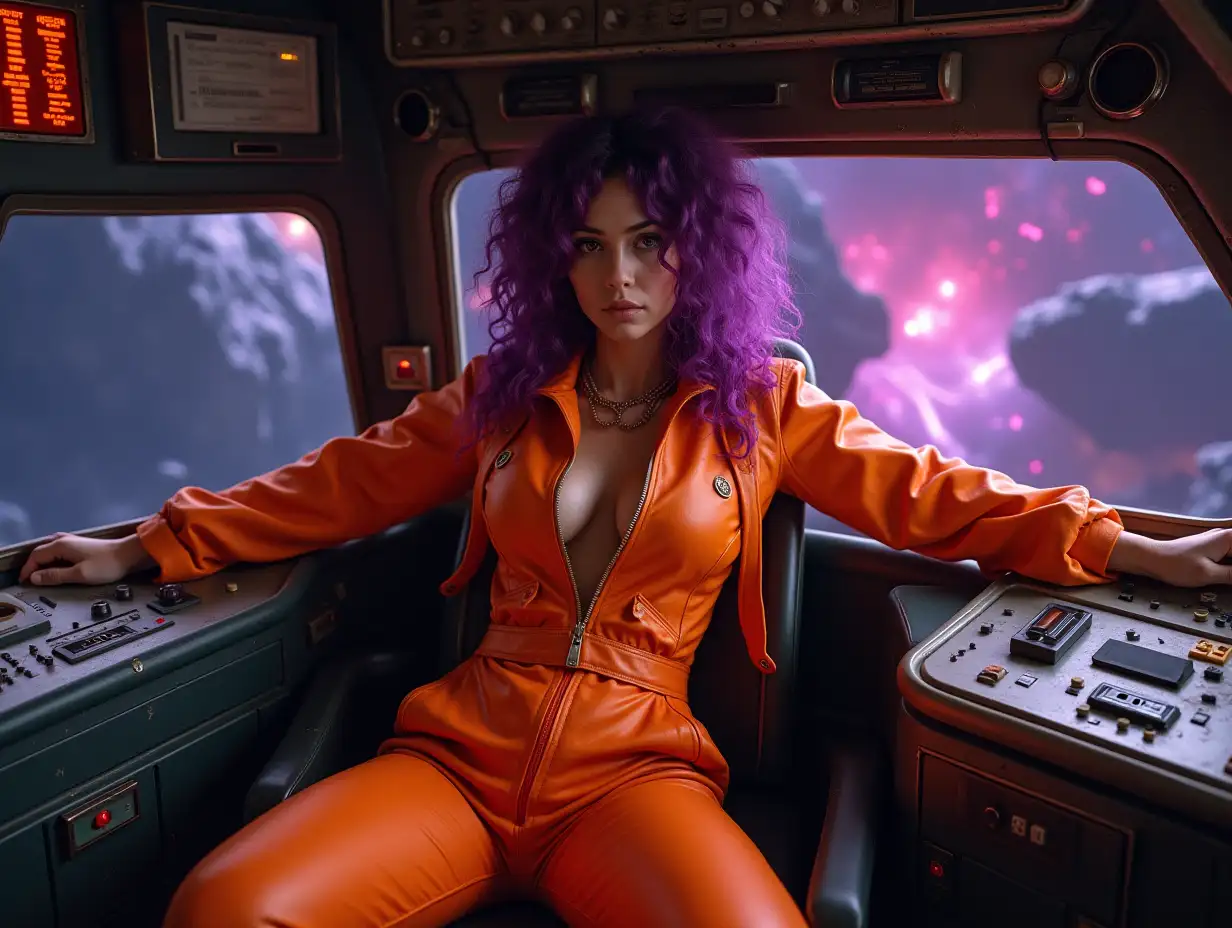 A rebellious space smuggler in a retro-futuristic, orange jumpsuit unzipped to the waist. Her hair: gravity-defying 80s curls with electric-purple streaks. Setting: The cockpit of a grungy starship cluttered with analog controls and cassette tapes. Outside: A neon asteroid field. Style: Matte painting depth, CRT screen grain, and lens flare explosions.