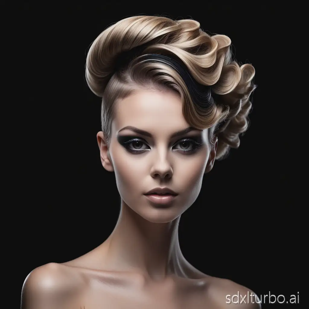 Head of woman styled in salon, with black background