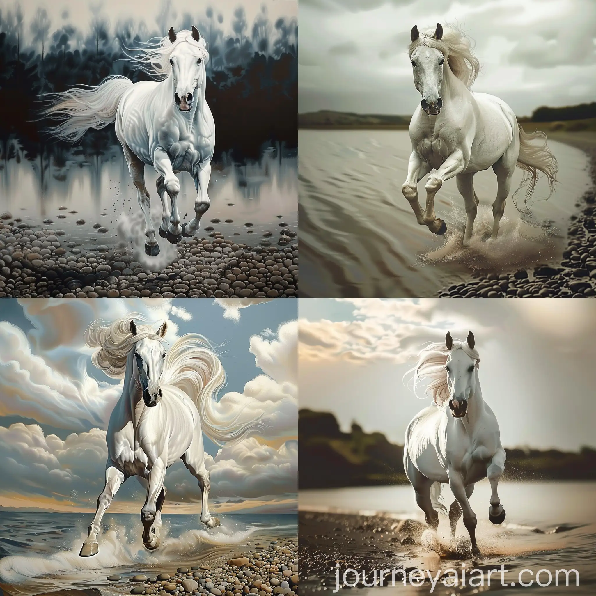 Graceful-White-Horse-Running-Towards-Lake-Edge