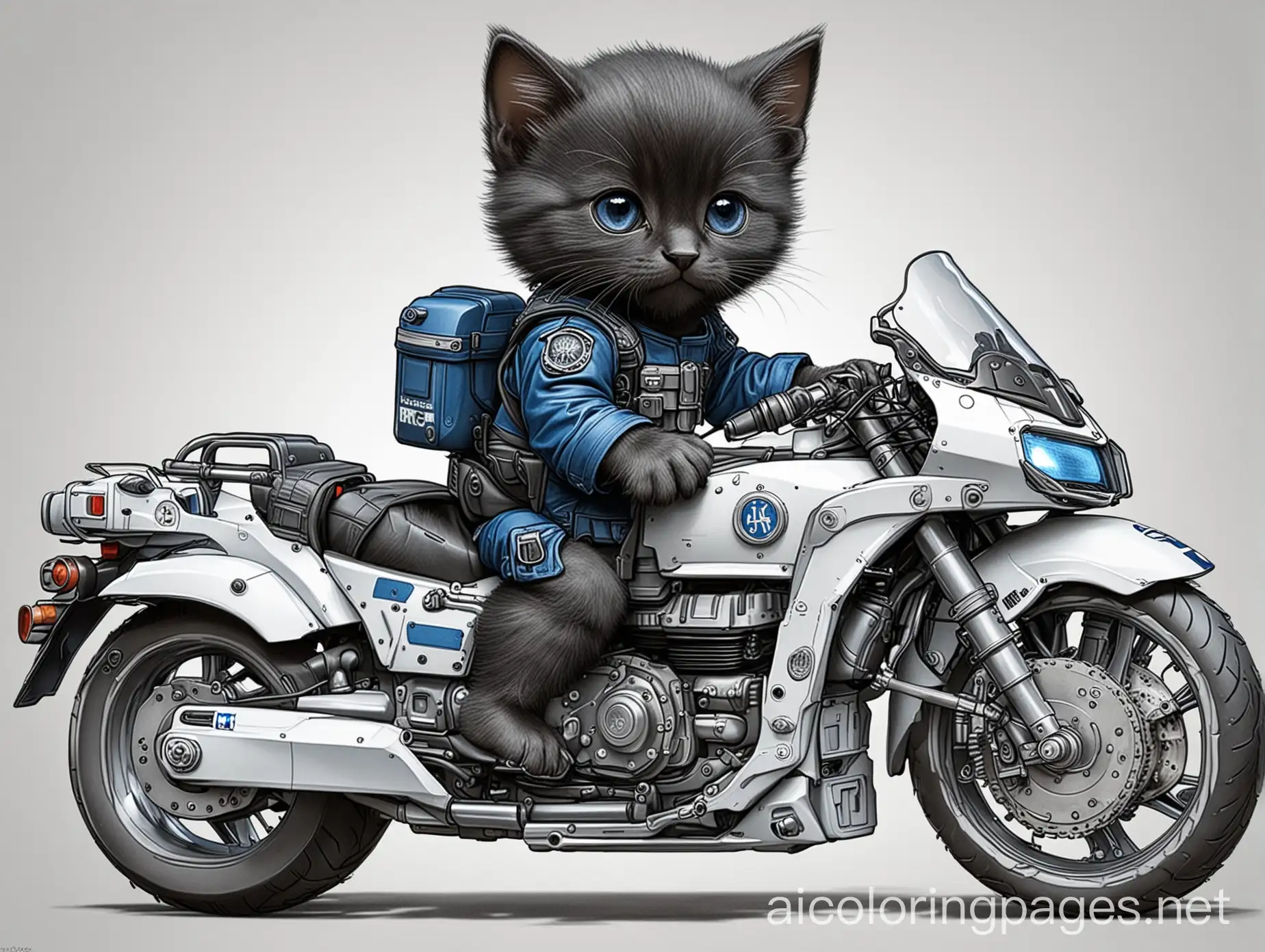 Black-Kitten-in-Dark-Blue-Mech-Gear-Riding-Police-Motorcycle-Coloring-Page