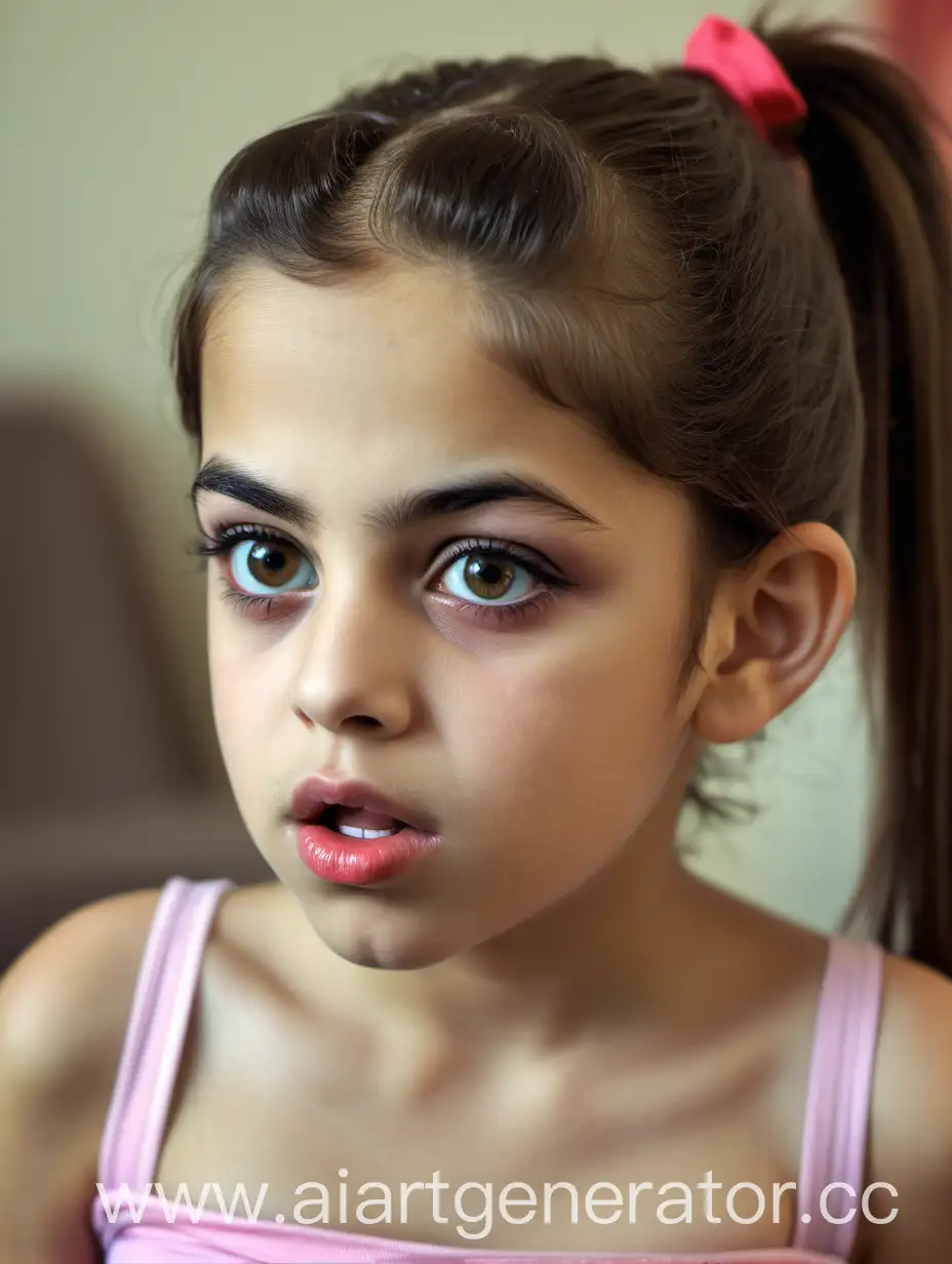 A 12 years innocent child persian, most beautiful girl in the world, close-up, juicy lips, strapless tank top, romantic, ponytail hair, soft make-up, shocked