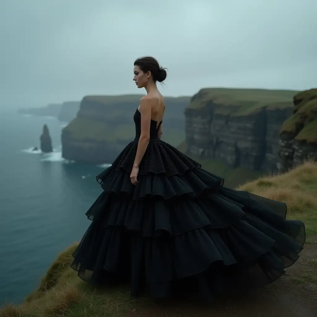 stunningly beautiful young 20-year-old Caucasian brunette woman, wearing huge black glittery ruffle haute couture dress, walking towards edge of a cliff, in a gloomy landscape, bad weather, photo taken from side view