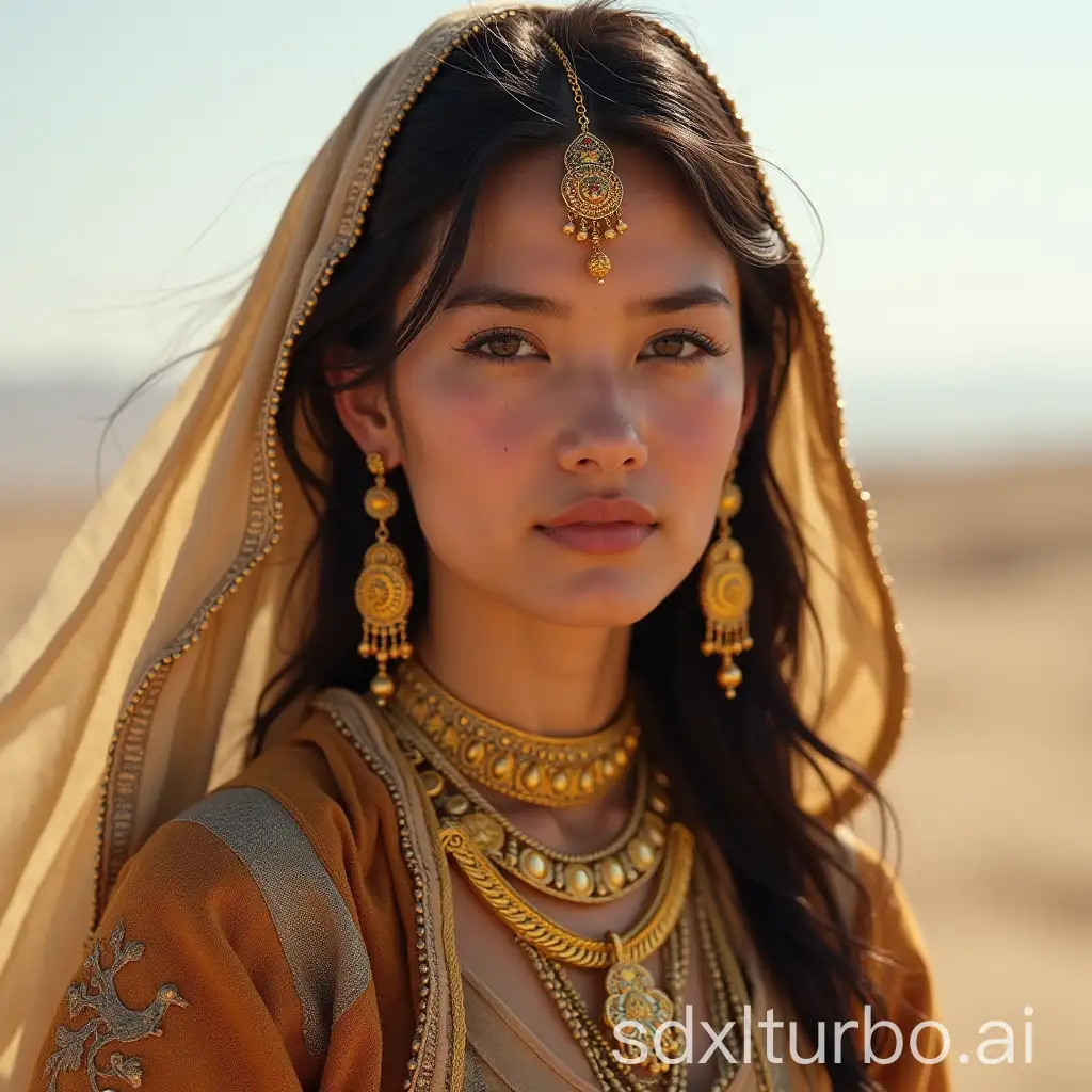 Xinjiang-Woman-Adorned-in-Gold-Jewelry-in-Desert-Landscape