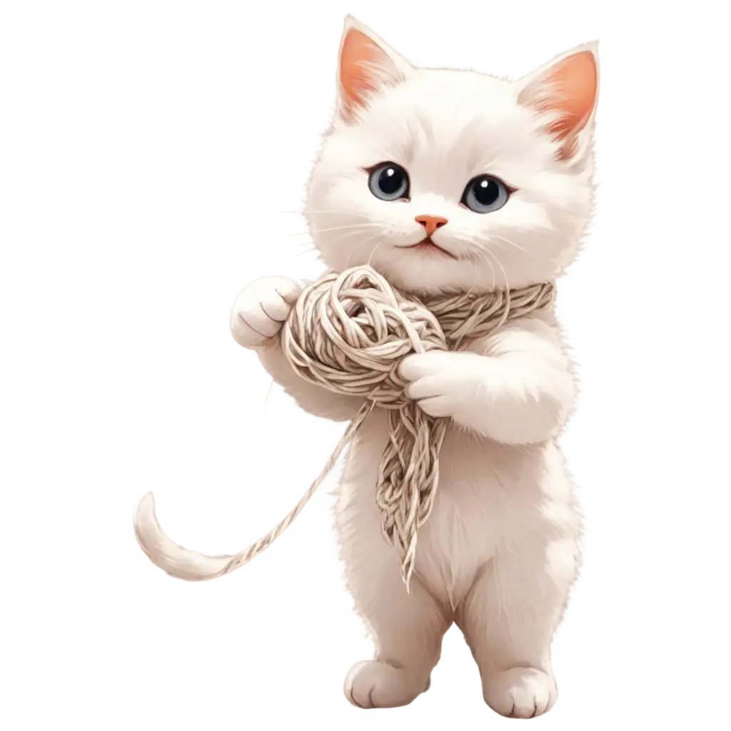 Adorable-Little-White-Kitten-Playing-with-Wool-Yarn-in-a-PNG-Drawing