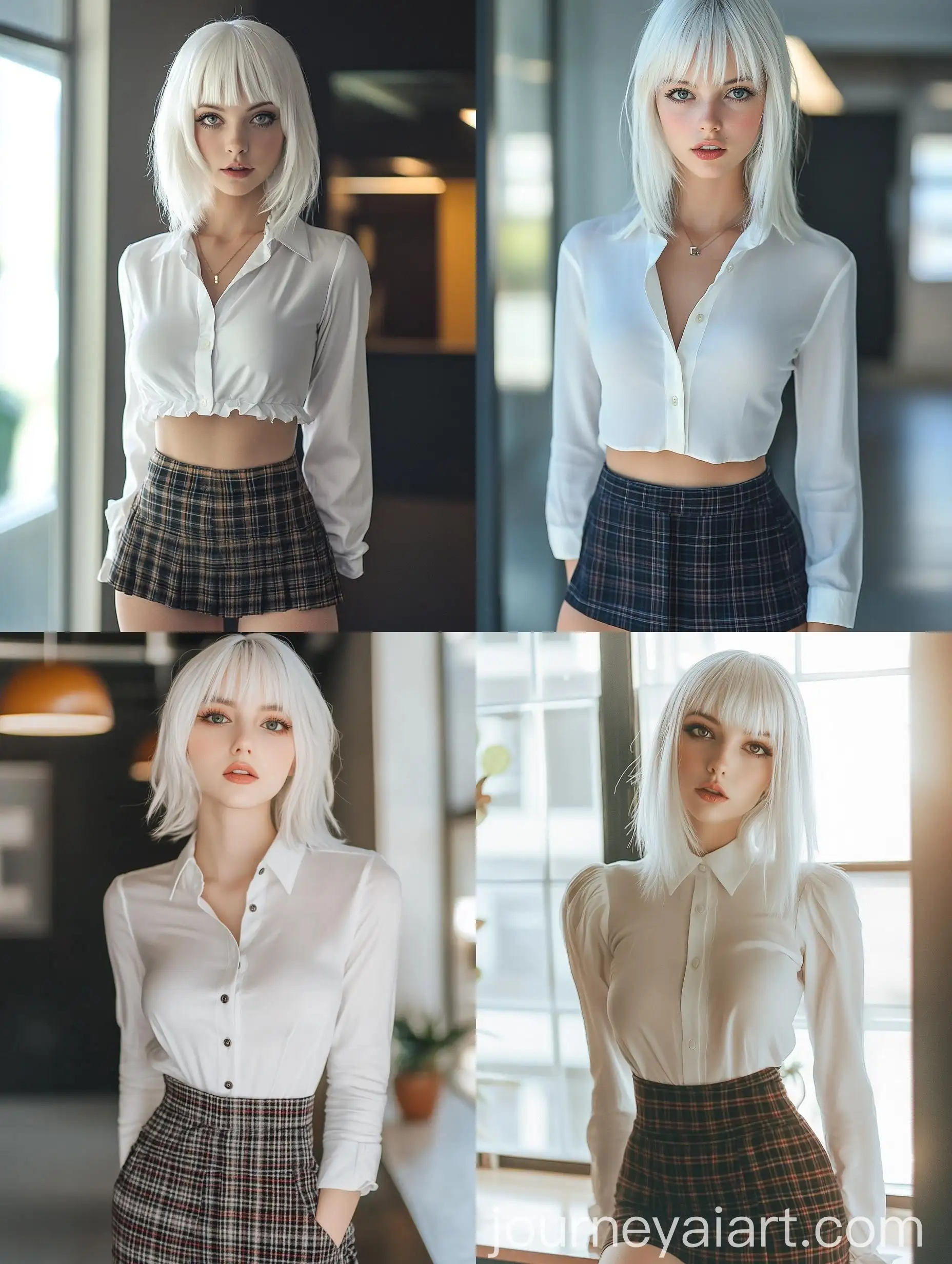 Playful-Woman-in-Office-Setting-with-Plaid-Miniskirt-and-White-Blouse