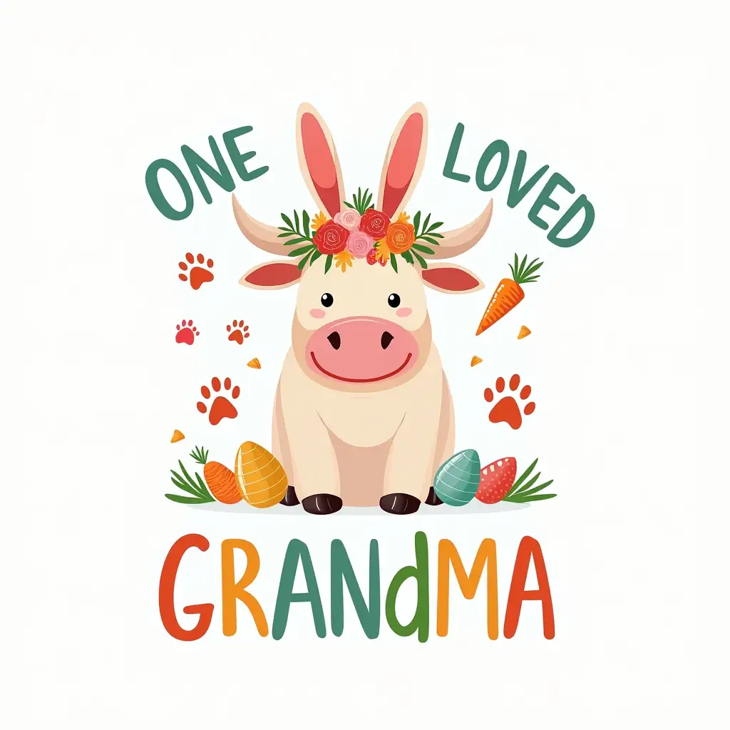 Simple lines. Create a festive, Easter-themed image featuring a Highland cow wearing bunny ears and a flower crown. The cow should be surrounded by carrots, Easter eggs, and paw prints. The text 'One Loved Grandma' should be written boldly, in a decorative font with colorful letters.