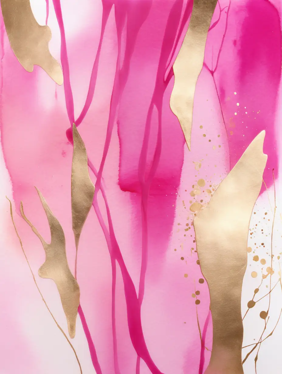 Abstract Feminine Watercolor Painting in Hot Pink and Gold