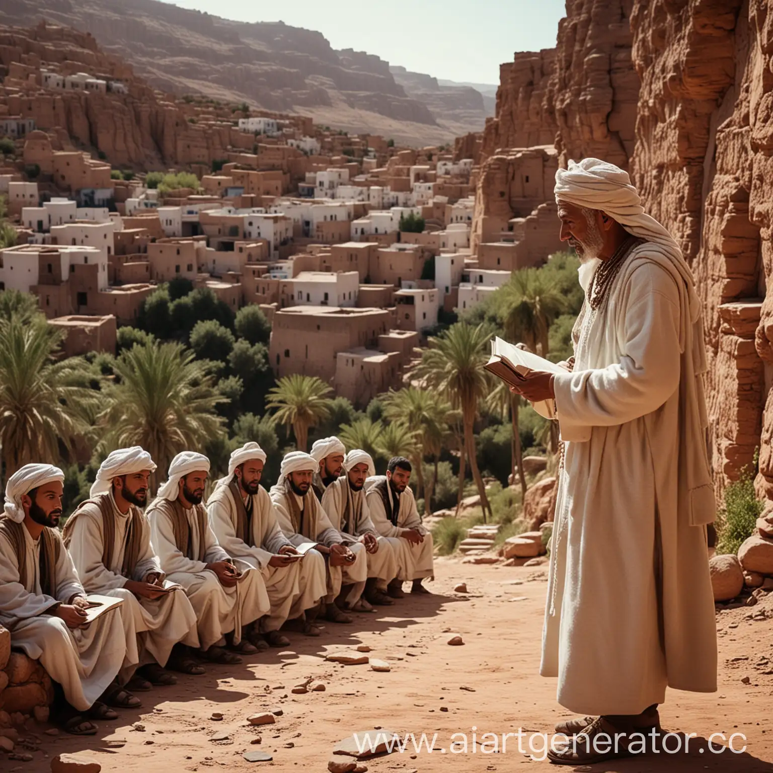 4K Cinematic, extreme wide shot, landscape shot, Berber wise man teaching students, he has a book in his hand, all wearing Berber white wool clothes in a village in Algeria Ghardaia in ancient time in 1200 AD.