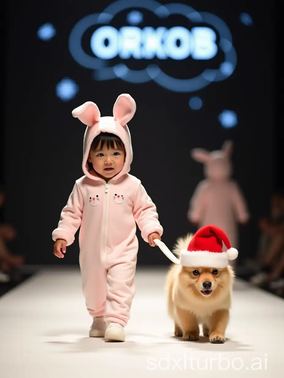 A Japanese baby girl (1 years old) dressed in bunny pajamas leads a pet dog on a leash while walking at a fashion show, the dog is wearing a santa claus hat, with the logo illuminated in the background 'ORKOB'