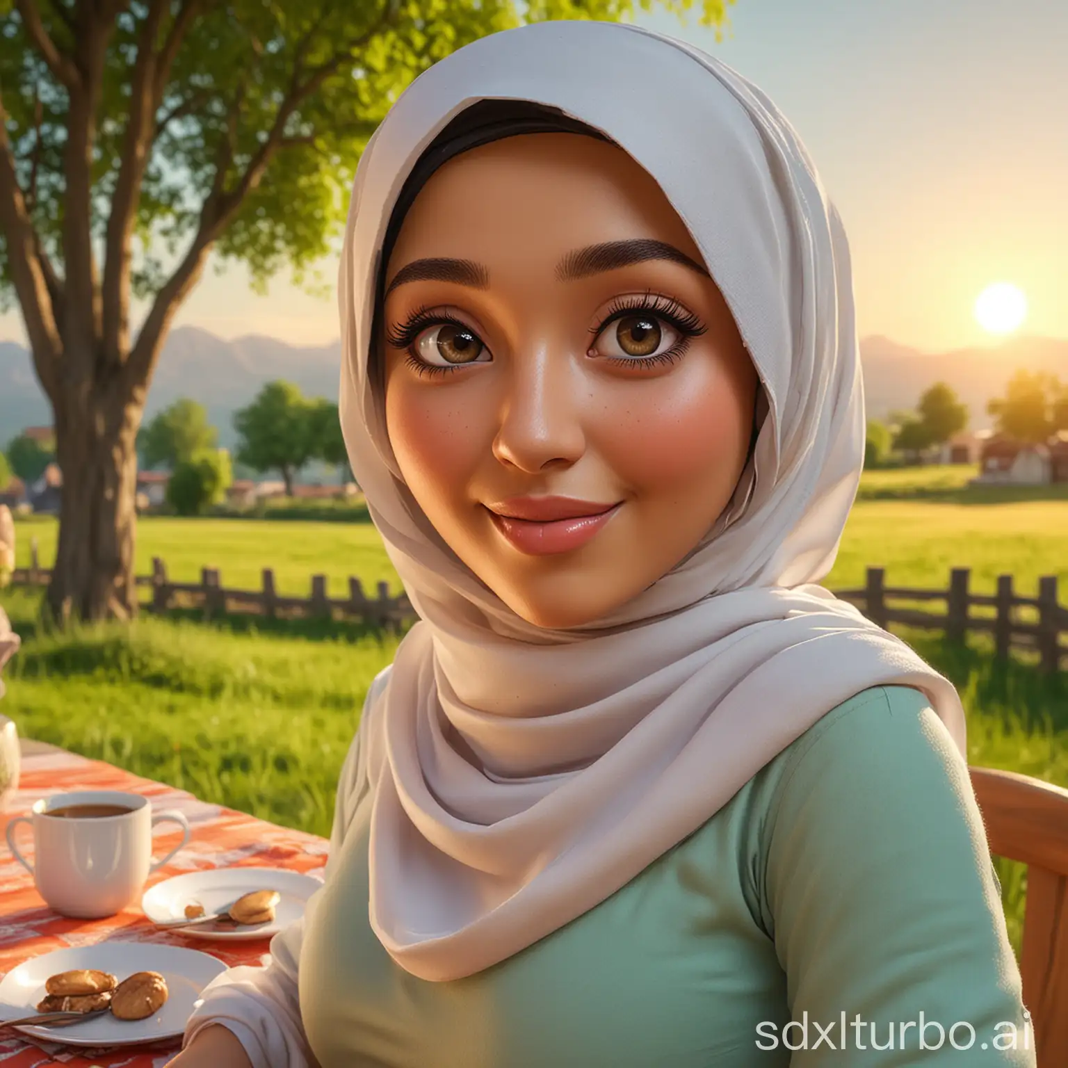 Caricatur3D beautiful woman with hijab, Art, mature body, large chest, beautiful big eyes, gentle smile, pretty face, pretty woman sitting at table on green meadow, traditional beauty, sunset moment, in field, in countryside, pretty woman, with setting sun, wearing long soft dress, muslim, with hijab, pretty woman, with beautiful appearance, very beautiful art, artistic, good lighting, bright colors, clear lines, curvy body, wide hips, thick arms, big thighs, 3D Caricature, Realistic-Cartoon-Style-3D-Caricature