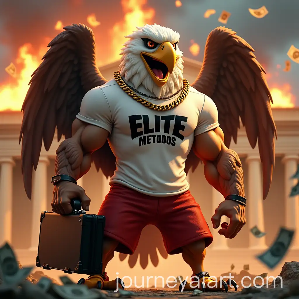 Muscular-Eagle-Mascot-in-Front-of-FiAI-Image-Prompt-Expansionery-Neoclassical-Building-with-Briefcase