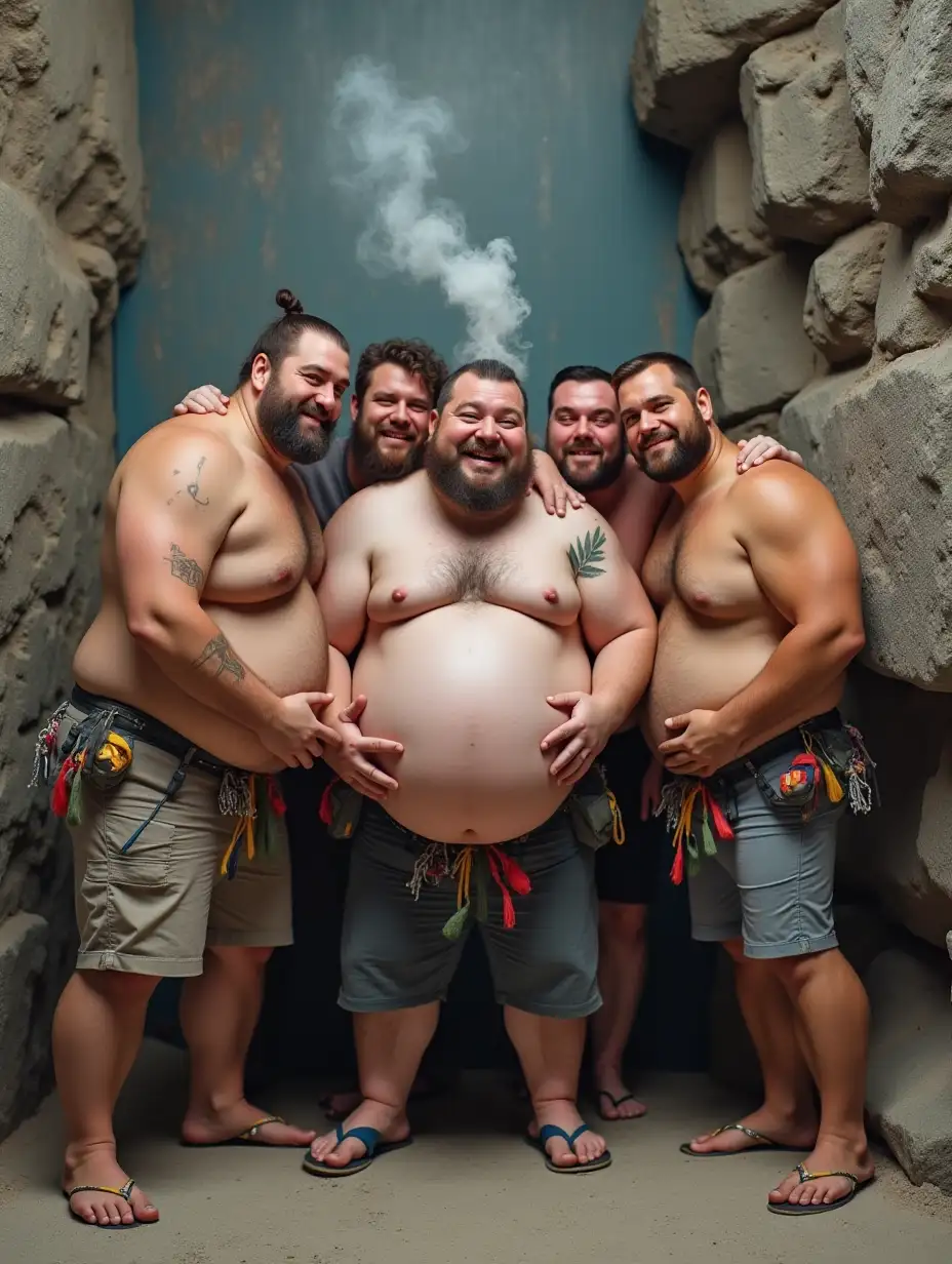 generate 5 chubby climbers with a big belly, tin on the face, standing embraced against a backdrop of rock climbing, smoking, laughing