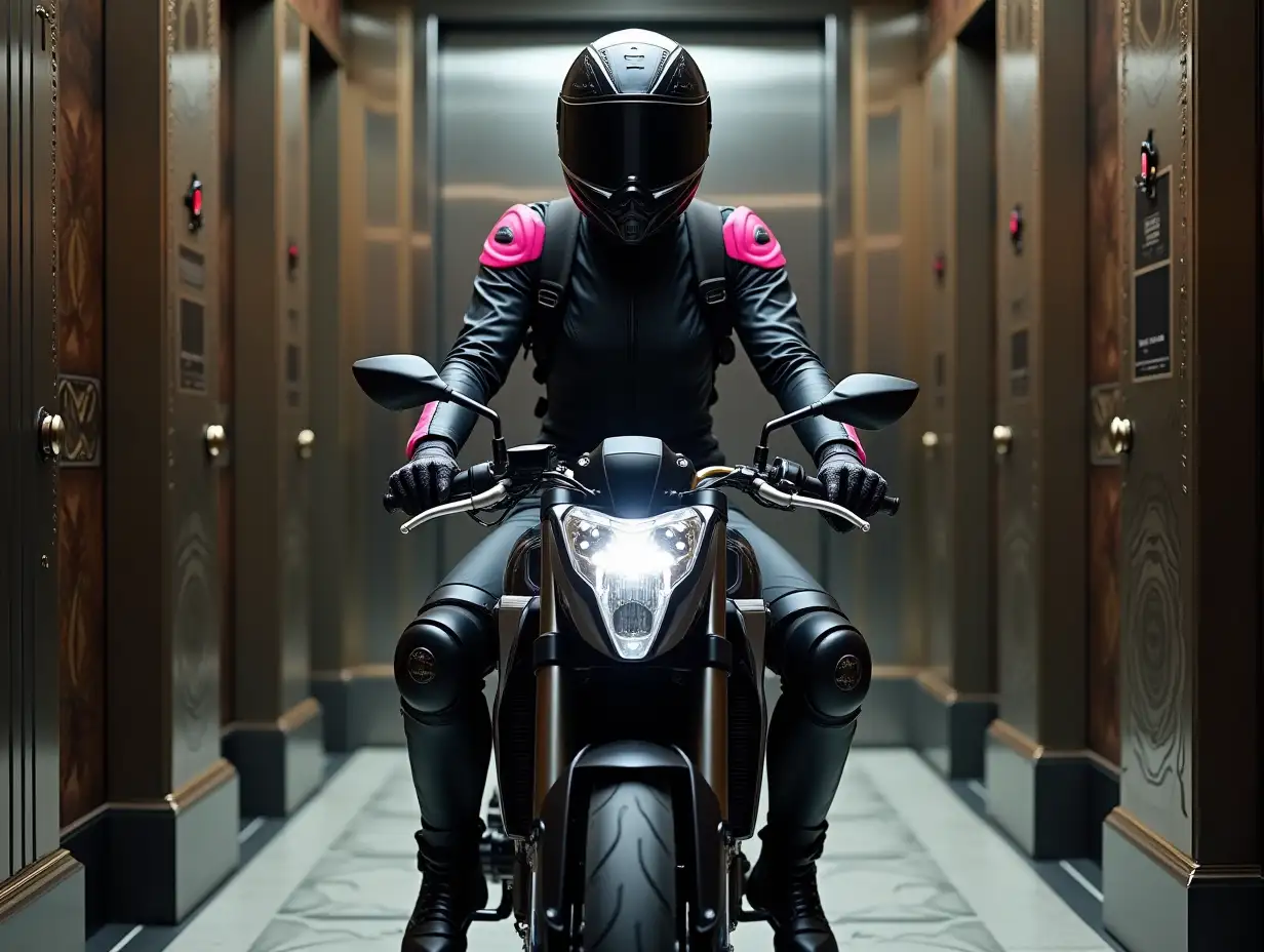 a teenage woman riding a modern speedy motorbike inside a large metallic elevator with open door, a piece of a noble art deco hotel hallway with crafted walls on the sides, she is entirely covered, only eyes visible, wearing a black durable racing suit with notable pink details, bulky motorbike boots, full helmet with mask and transparent visor, gloves, backpack straps, knee pads, lots of wearable gear, turned to front