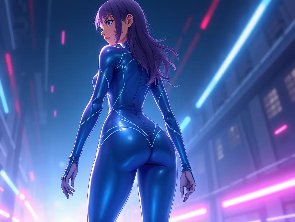 An anime-style female character in full body, shown from behind, standing in a dynamic pose as if preparing to sprint forward. She is wearing a tight, shiny, metallic blue bodysuit with futuristic glowing patterns that accentuate her athletic and curvy figure. The pose highlights her back and legs, with her head slightly turned, showing part of her face with a confident expression. She is placed at the center of the frame, taking up about 80% of the image space, with ample futuristic background surrounding her. The background is minimalistic yet dynamic, with abstract light trails, gradients, and glowing elements to emphasize the motion and futuristic vibe. The overall art style is highly polished, with detailed shading, vibrant colors, and smooth textures, matching a modern anime aesthetic.