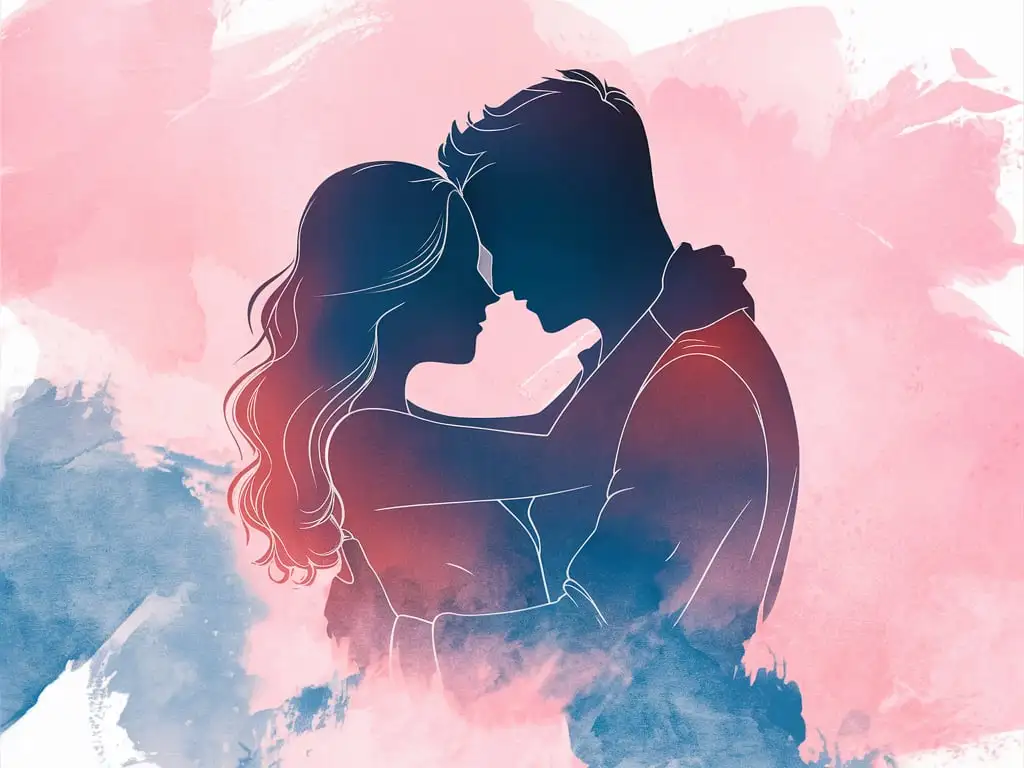 Silhouette of Lovers Against a Pastel Watercolor Background