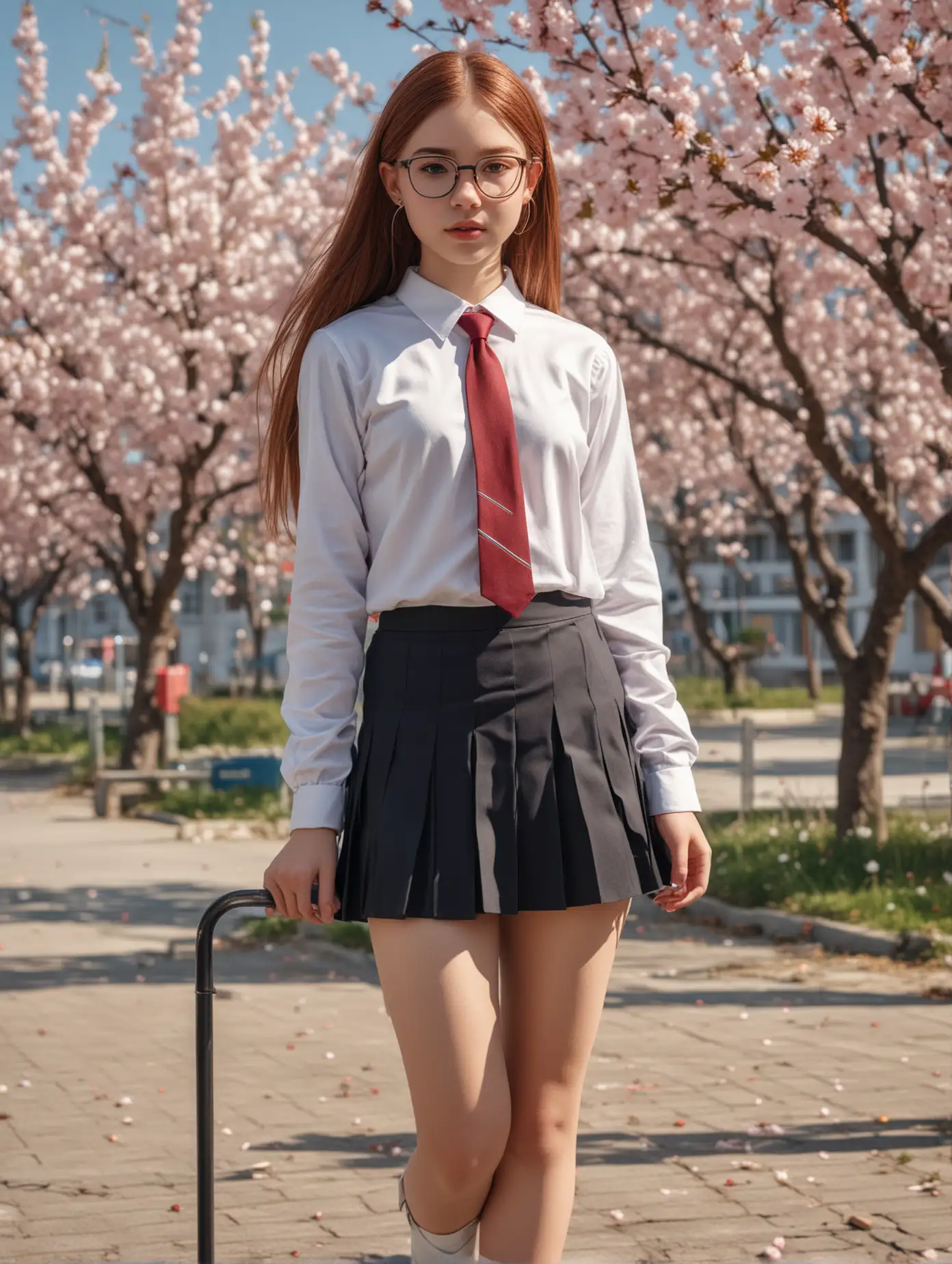 Beautiful tween, light skin tone, eyeglasses, large ankle earrings, female school uniform,  pleated skirt, high heels, midday sun, hyperrealistic, body model,   long hair, Straight hair, red hair, long legs, 8k, ?High resolution, best quality, classroom, school, RAW portrait, cherry blossom, ambient lighting, detailed shadows, focus from the camera on the thighs,   Sitting on the school chair