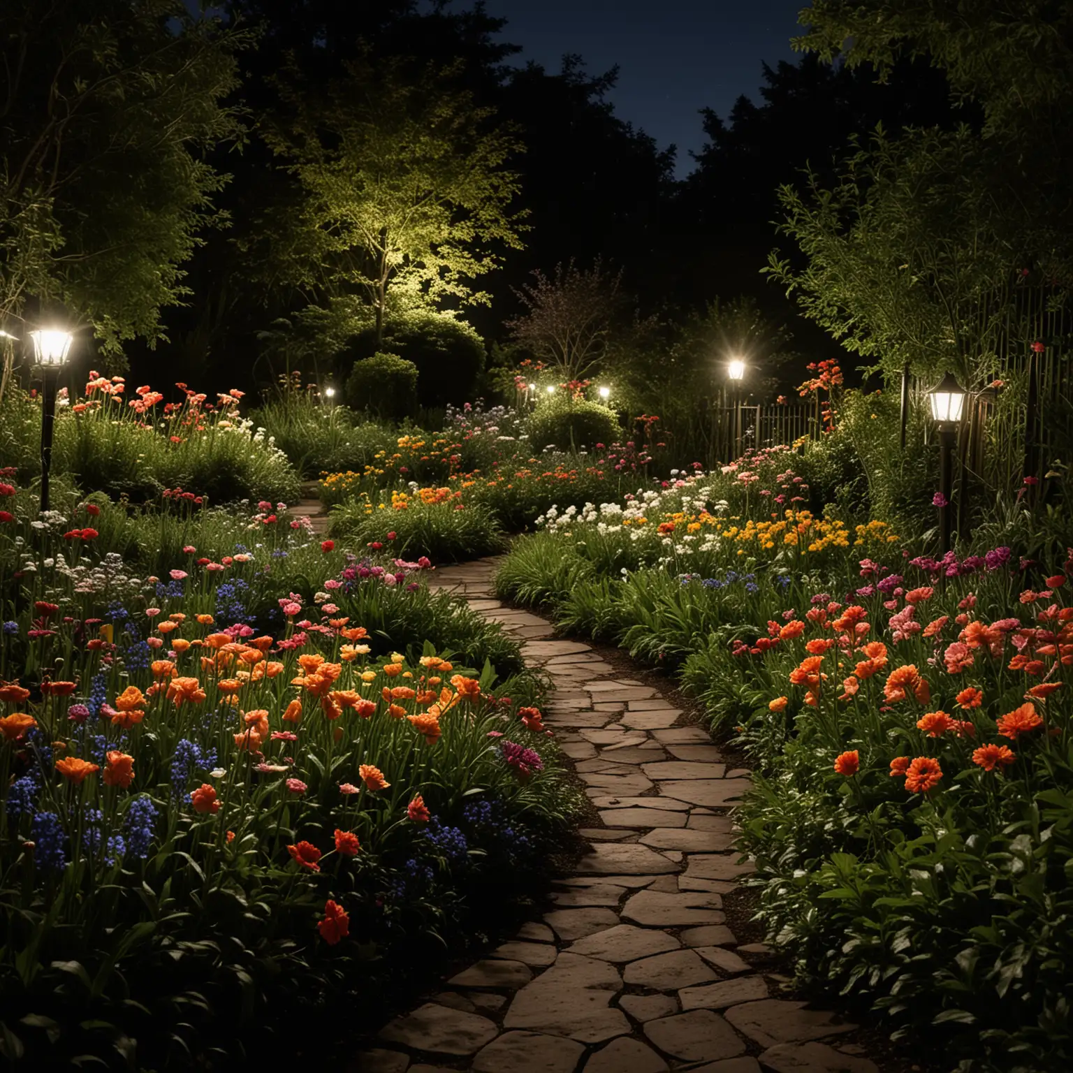 the flower garden, Low-light and night photography, utilizing the absence of light to create mood and focus on illuminated subjects.