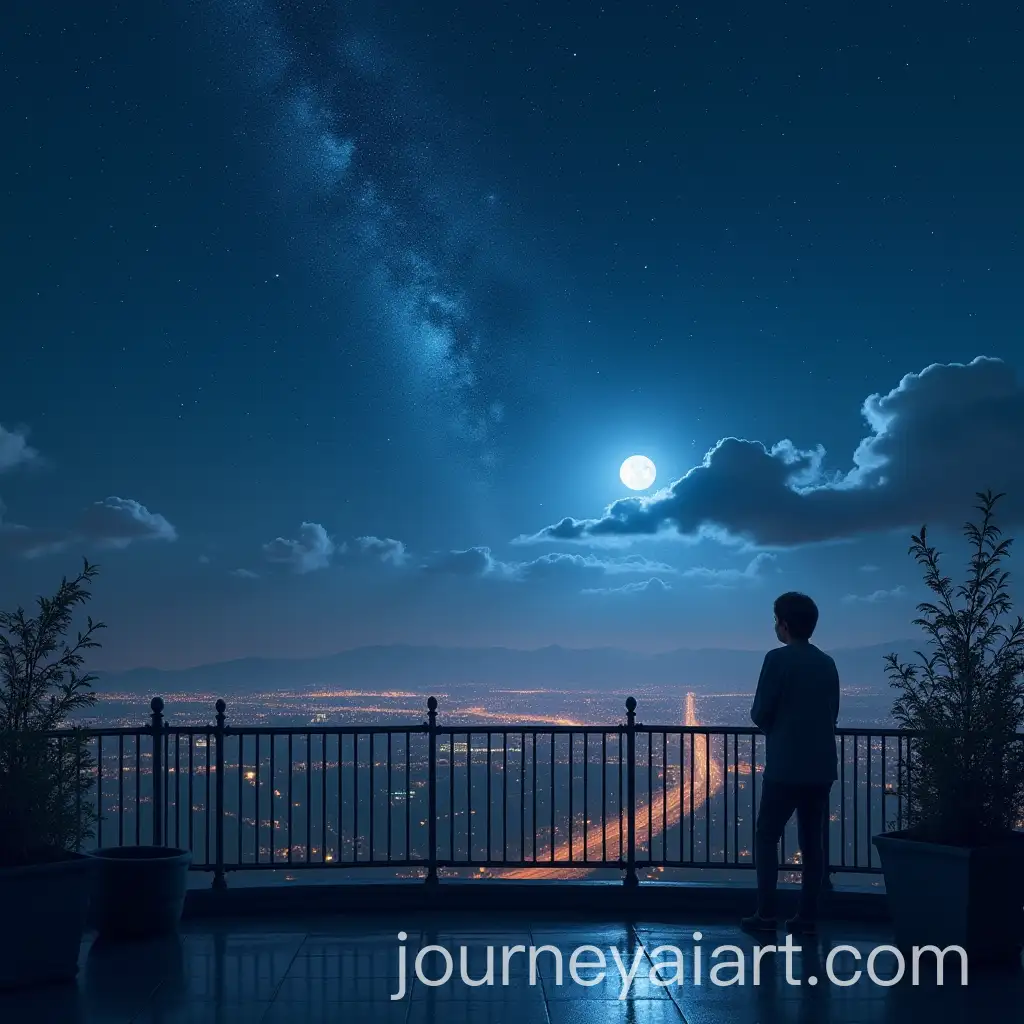 Serene-Nighttime-Cityscape-with-Lone-Figure-on-Balcony-under-Starry-Sky