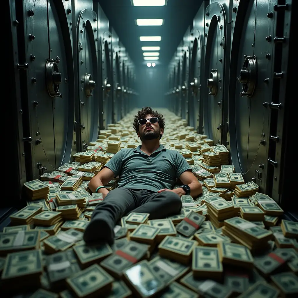 In an opulent and dimly lit bank vault, designed with austere steel walls and reinforced doors, piles of money dominate the scene, draping the metallic floor with an extravagant wealth that almost seems unreal. The central focus of this captivating image is a figure of a crypto trader, submerged within this vast sea of currency. This trader, characterized with an air of modern digital success, floats effortlessly amidst towering stacks of cash, which range from neatly arranged bundles of banknotes to chaotic heaps of loose bills spilling over lavishly.nThe vault is vast, extending into shadowy corners filled with further riches, and exudes an atmosphere where the aura of financial power mingles with an undercurrent of digital innovation. Illuminated by the soft glow of ambient lighting reflecting off the polished surfaces, the individual appears serene and triumphant, capturing the zeitgeist of the digital age where virtual currencies intertwine with traditional wealth.nThe trader is depicted wearing casual yet stylish attire, embodying the intersection of traditional finance and modern tech-savvy nonchalance. Accessories such as a cutting-edge smartwatch and sleek eyewear highlight their crypto-market expertise, while the background resonates with subtle digital elements—a glowing graph or a subtle ticker showcasing cryptocurrency trends—to further emphasize the trader's domain.nAll around, the sense of wealth is palpable, with money cascading like a river around the trader, creating an almost surreal spectacle that represents both the opulence of traditional wealth and the limitless possibilities of the cryptocurrency world.