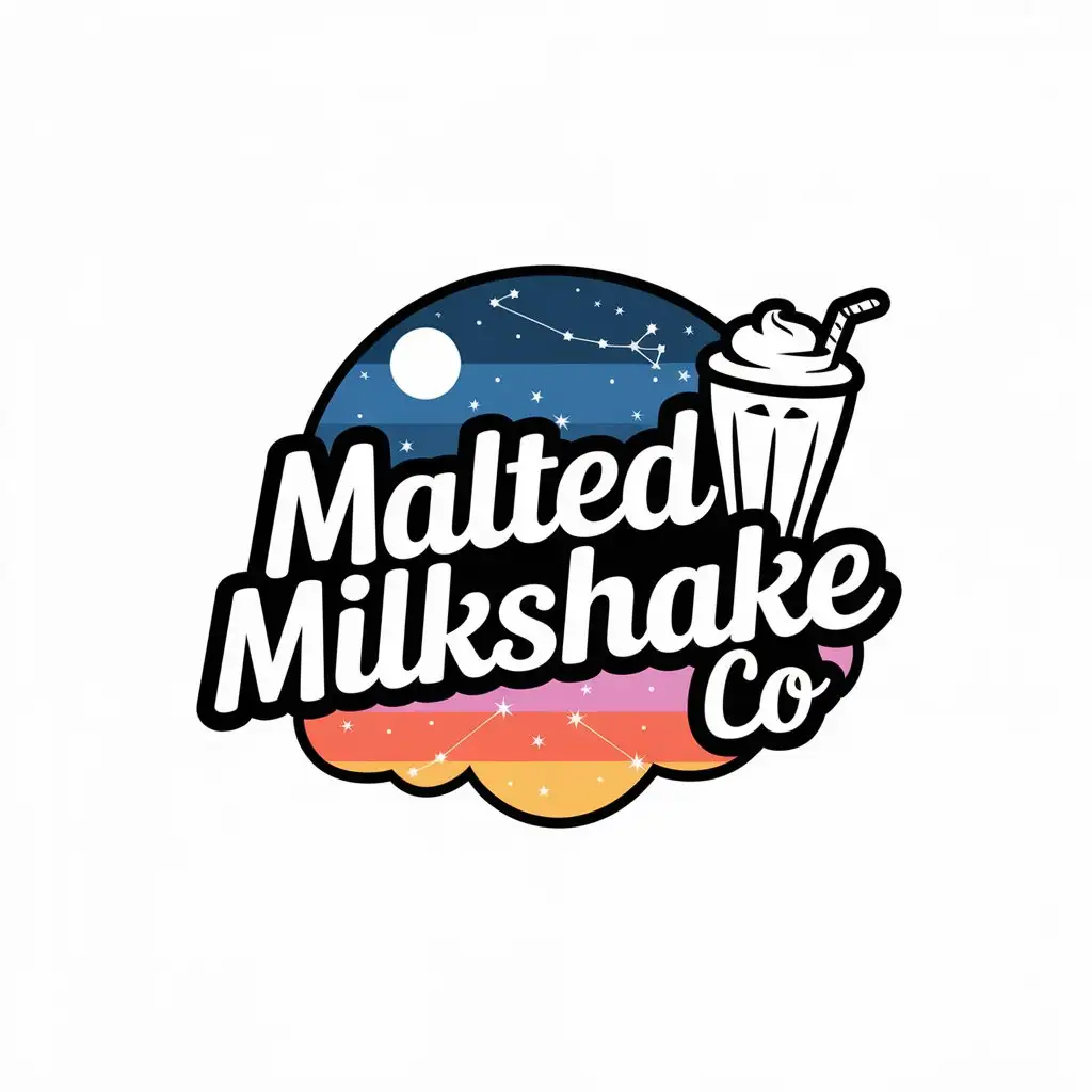 LOGO Design for Malted Milkshake Co Milkshake on Cartoon Cloud with Starry Sky and Gradient Colors