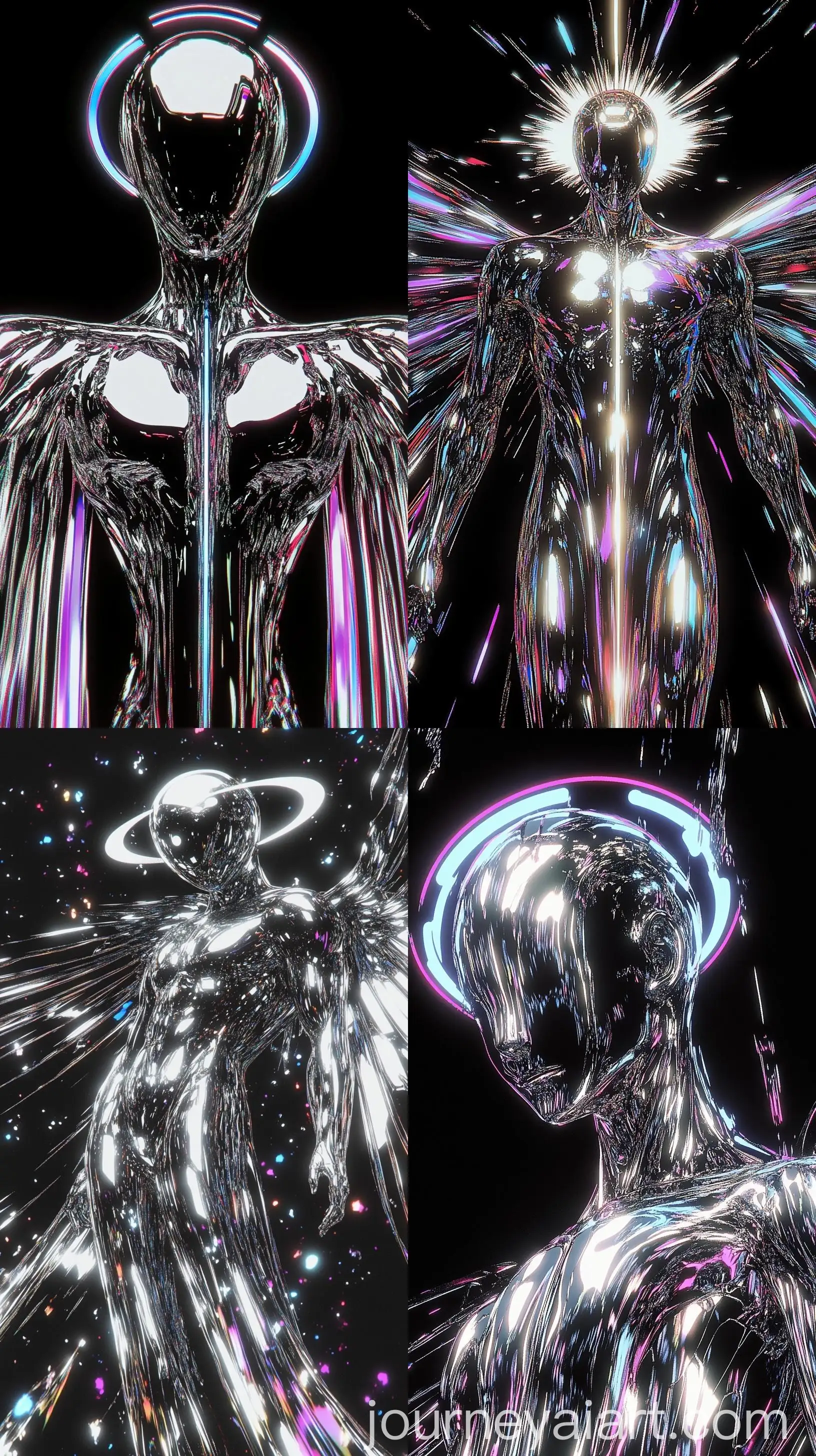 Futuristic-Chrome-Statue-with-Melting-Wings-and-Halo-on-Black-Background