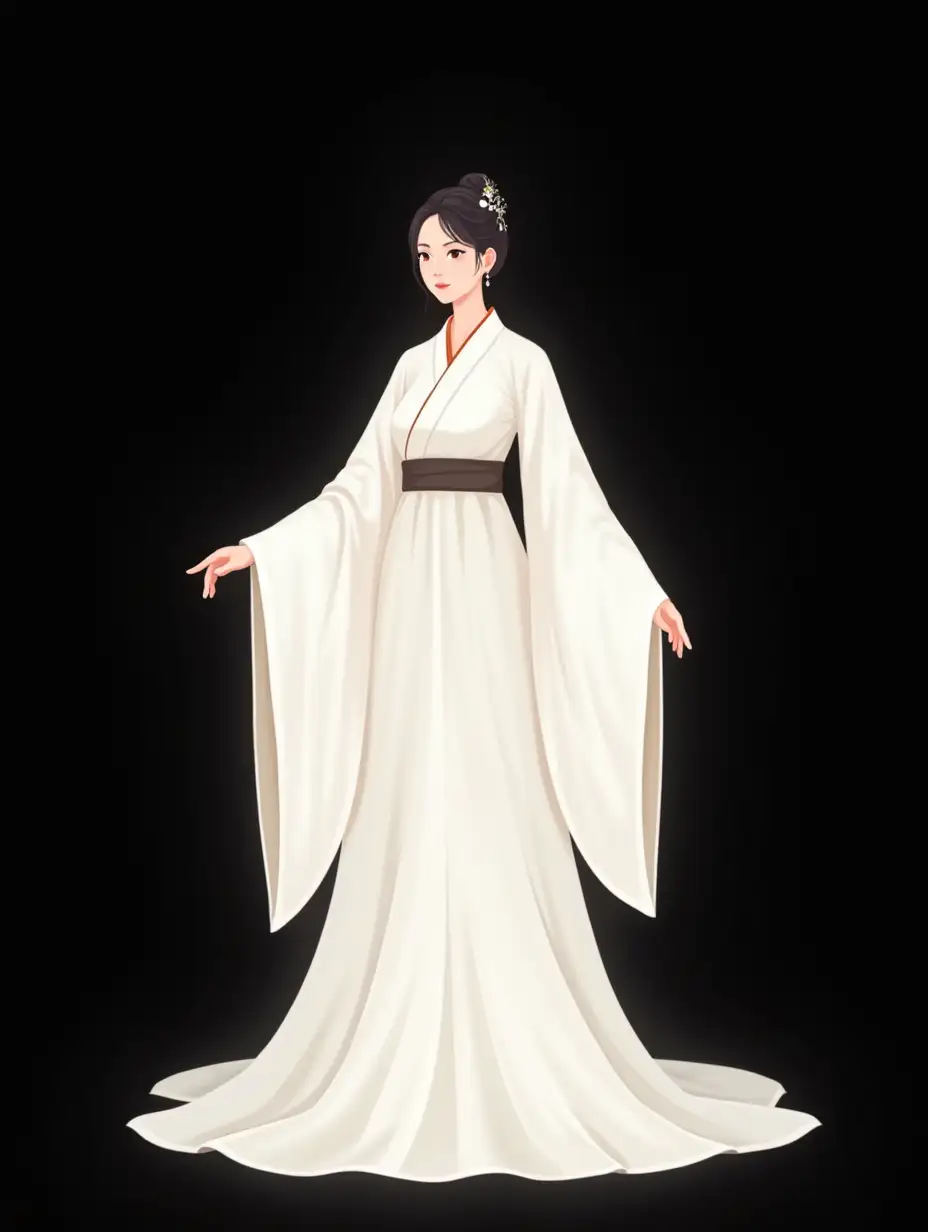 girl.Elegant posture. Flat illustration. white Hanfu. Black background. soft,Minimalist. Supremacy.