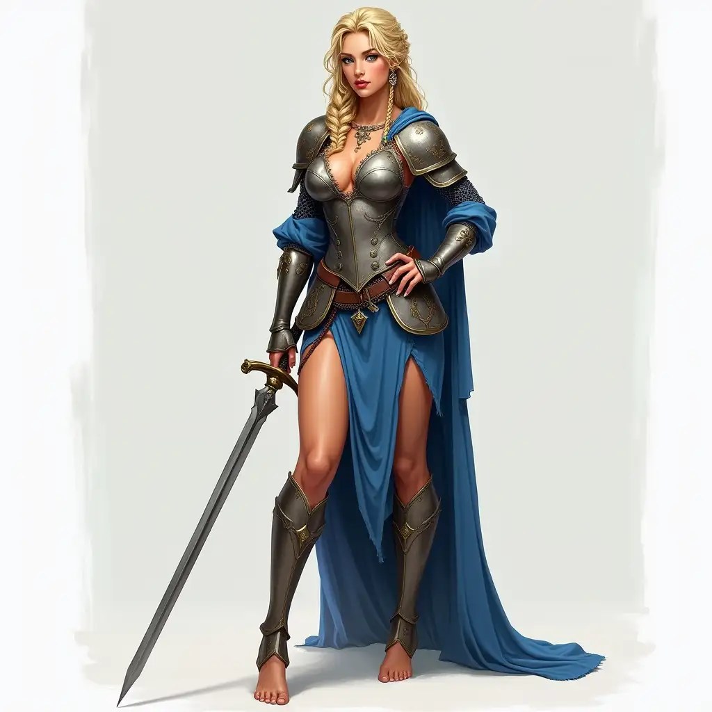 Beautiful-Woman-in-Blue-Dress-and-Armor-Holding-Sword