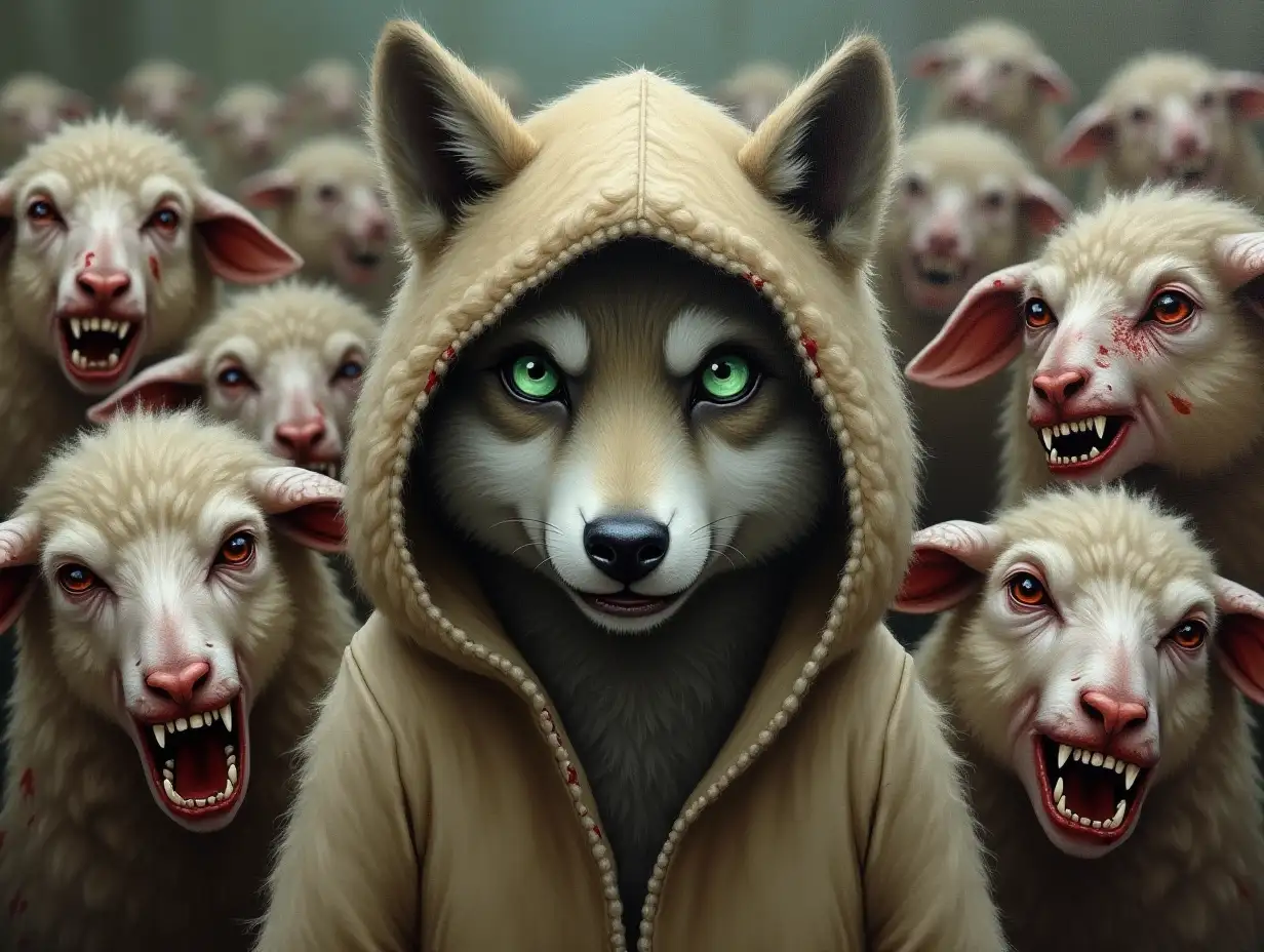 Scared cute green-eyed wolf with an expression of fear on its face. Wearing a clean hooded cloak that looks like a sheepskin, covered with sheep's wool. Around him, a crowd of creepy zombie-sheep, with bloodied and bared teeth, glassy red eyes, and dirty skins in wounds. The wolf does not stand out from the crowd. Painting, canvas, oil.