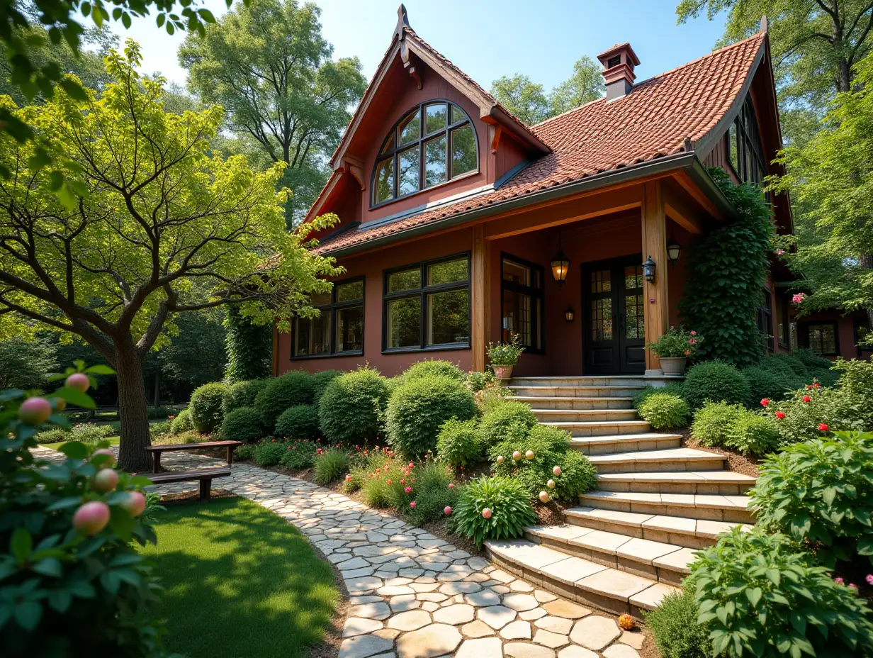 crooked house garden  Bepflanzung-mit Stuck in Form of plant ornaments, large windows with glass to, curved, smooth window shapes, winding big entrance stairs from marble Complex curved roof with dike,Lanterns,Bench apple tree 4K resolution Colorful superWide-angle shots