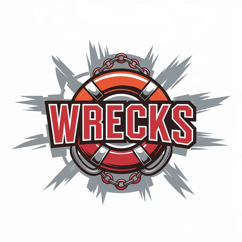 LOGO Design for WRECKS Futuristic Brutalism with Life Ring and Chain in Red Black and Orange