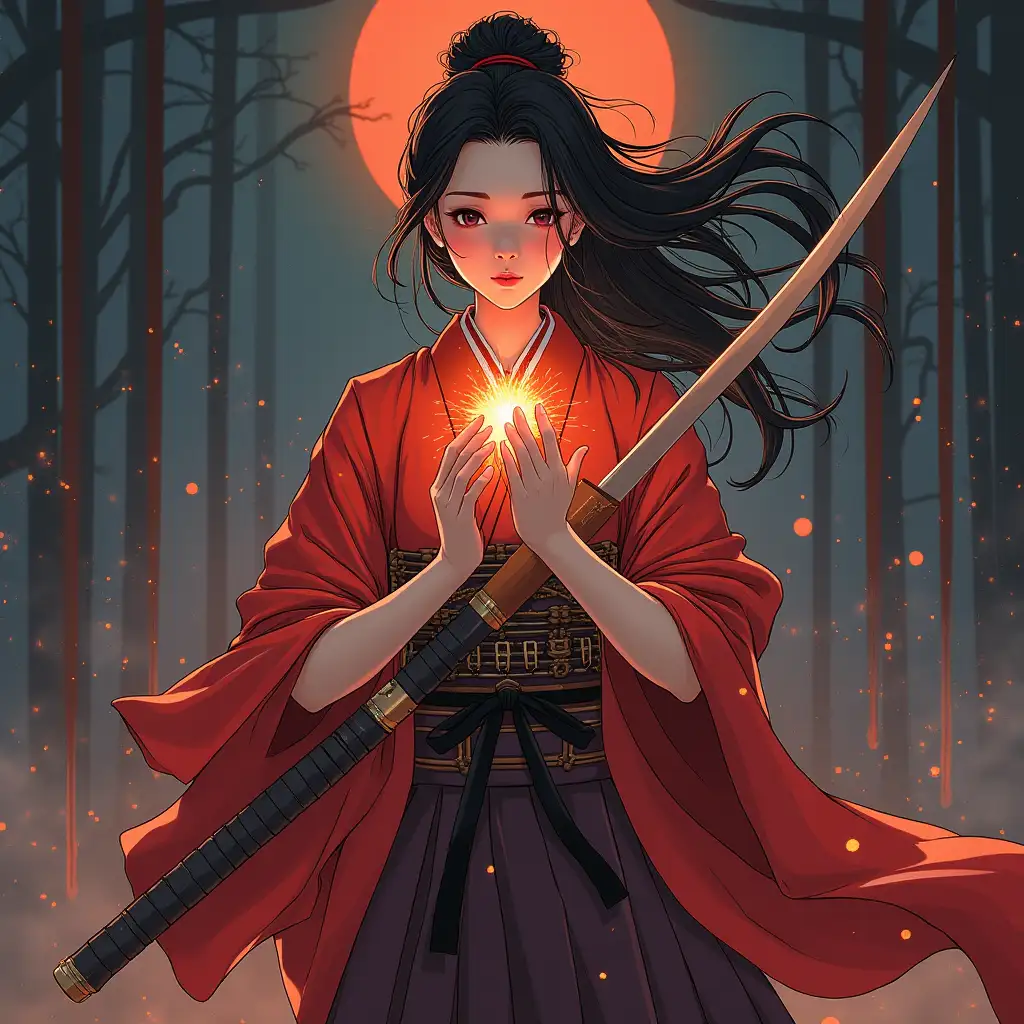 illustration of a Japanese female samurai's fantasy wanting to reveal 'The Secret of Twilight'