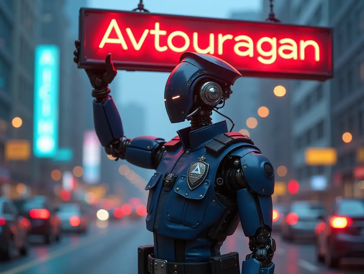 Hyper-realistic 4K image of an android robot in a police uniform standing in the middle of a city highway in a modern urban setting, holding a bright red and white neon sign 'Avtouragan' above his head. Focus on the intricate details, neon sign and the chaotic rhythm of the city for contrast.