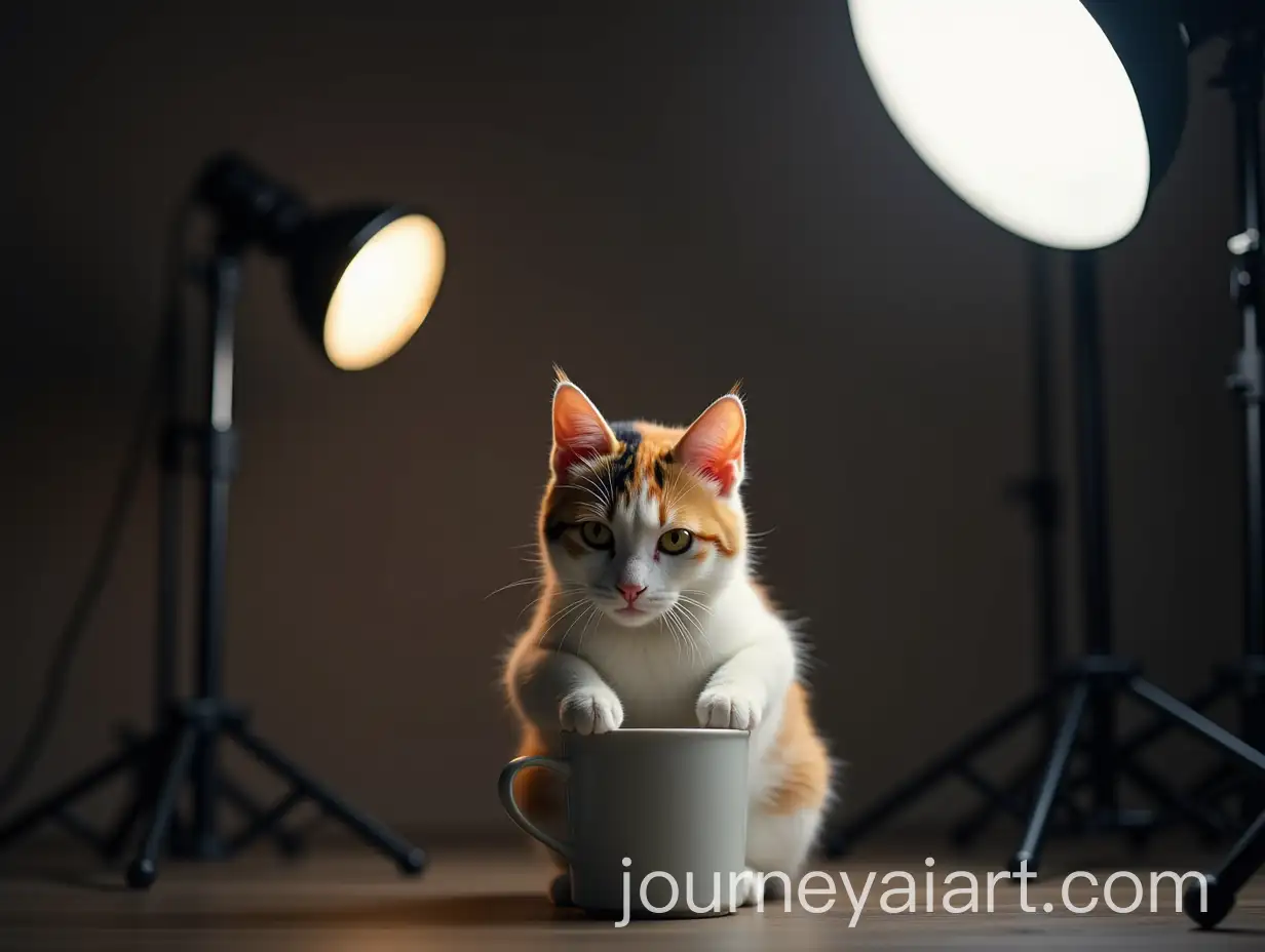 Calico-Cat-Taking-Photograph-in-a-Cup-with-Softbox-Lighting