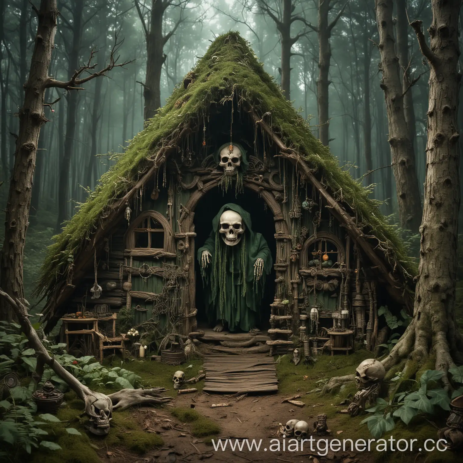 Dark-Green-Forest-Hut-with-Skull-KotVurdalak-and-BabaYaga-in-a-Fairy-Tale-Setting