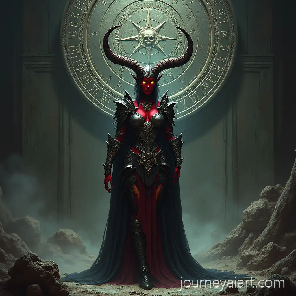 Horned-SorceressDark-Fantasy-Sorceress-Illustration-with-Glowing-Eyes-and-SkullAdorned-Armor-in-Dark-Fantasy-Setting