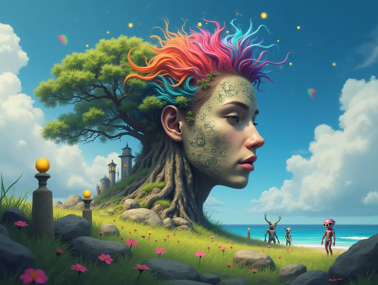 Creating a digital painting transforms a face with rainbow hair into a building with stones and trees with roots and rocks and lanterns by the sea, strange creatures – aliens on a meadow with a rainbow-blue sky