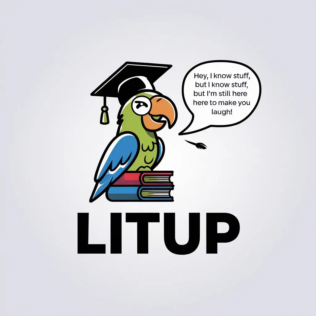 LOGO Design for LitUp Vector Logo Featuring a Winking Parrot with Graduation Cap and Stack of Books