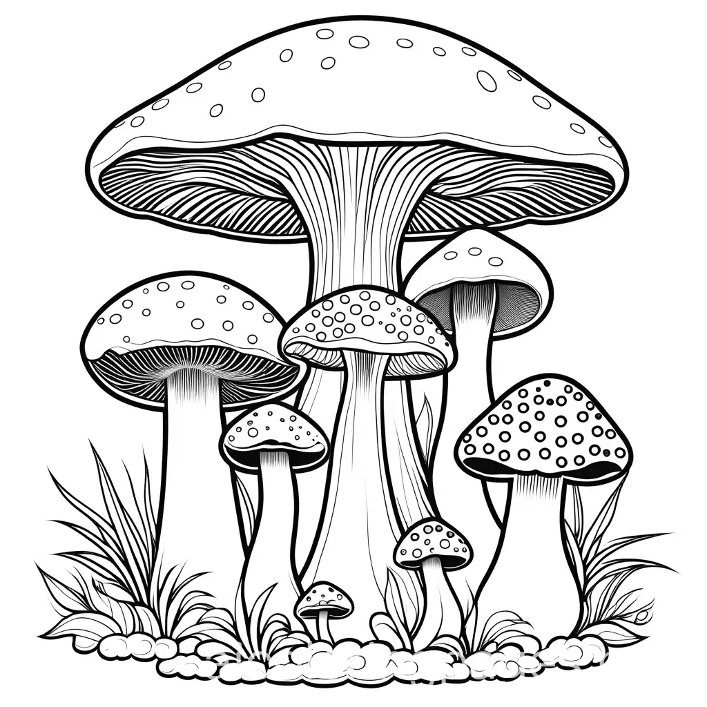 coloring page of a mushroom circle forming a tiny meeting place, Coloring Page, black and white, line art, white background, Simplicity, Ample White Space. The background of the coloring page is plain white to make it easy for young children to color within the lines. The outlines of all the subjects are easy to distinguish, making it simple for kids to color without too much difficulty