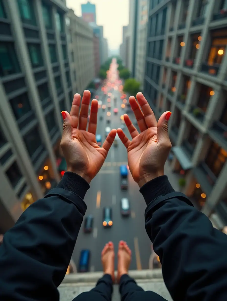 Cinematic ultra-realistic POV in 8K HDR, standing on a balcony overlooking a busy city street. My hands are raised in a friendly gesture, but my mouth emits a strange electronic buzzing sound. My feet are firmly planted on the ground, glowing faintly. Natural sunlight illuminates the scene, contrasting my glowing skin with the urban environment. Focus on my hands and feet as I attempt to communicate with humans below.