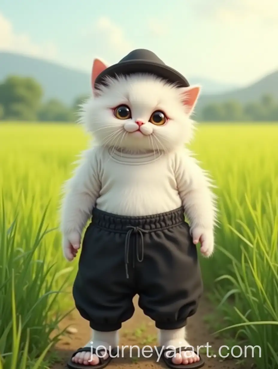 Overweight-White-Angora-Kitten-in-Rice-Field-with-Traditional-Outfit