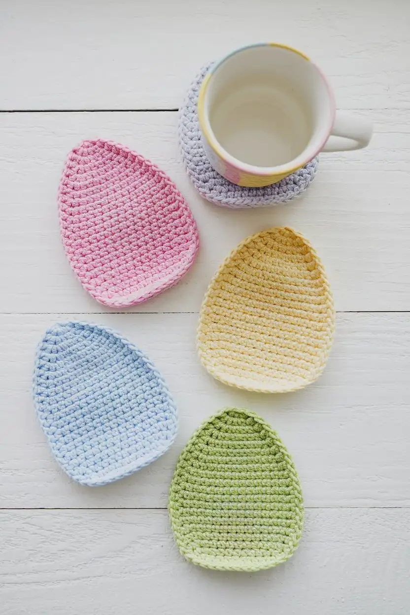 A flat lay image of four crocheted Easter egg coasters arranged on a white wooden surface. Each coaster should be a different pastel color (pink, blue, yellow, green) and feature a simple, slightly textured crochet stitch. A white mug with a pastel-colored rim should be placed on one of the coasters. The lighting should be bright and even.