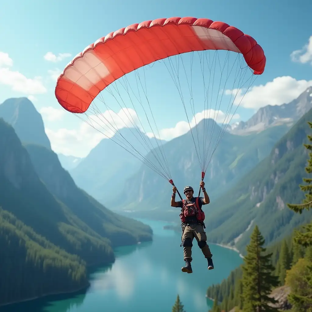 A happy paratrooper, with a wing-type parachute, on a bright sunny day, against the backdrop of beautiful mountains, with a river below, the paratrooper in a turn