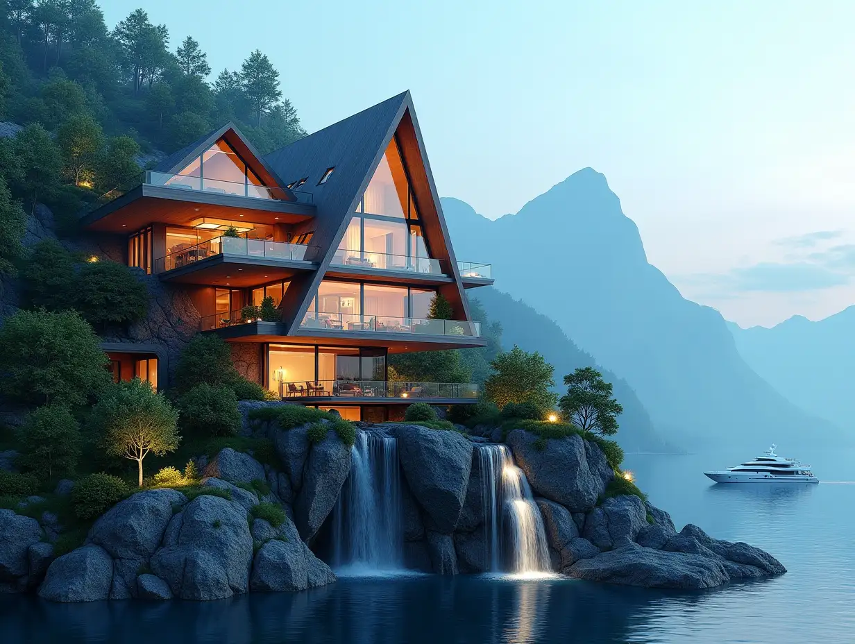 A futuristic multi-story house of many lit glass triangular and wood is located on the mountain peak,many plants waterfall,trees, blue sky, bright environment, mountains,clear water and a yacht in the background, colorful 8k-quality