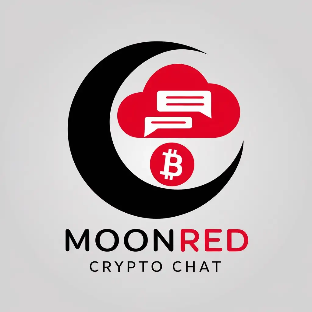 a vector logo design,with the text "MOONRED CRYPTO CHAT", main symbol:A black crescent moon inside it a red cloud of messages under it a red bitcoin,Moderate,be used in Finance industry,clear background