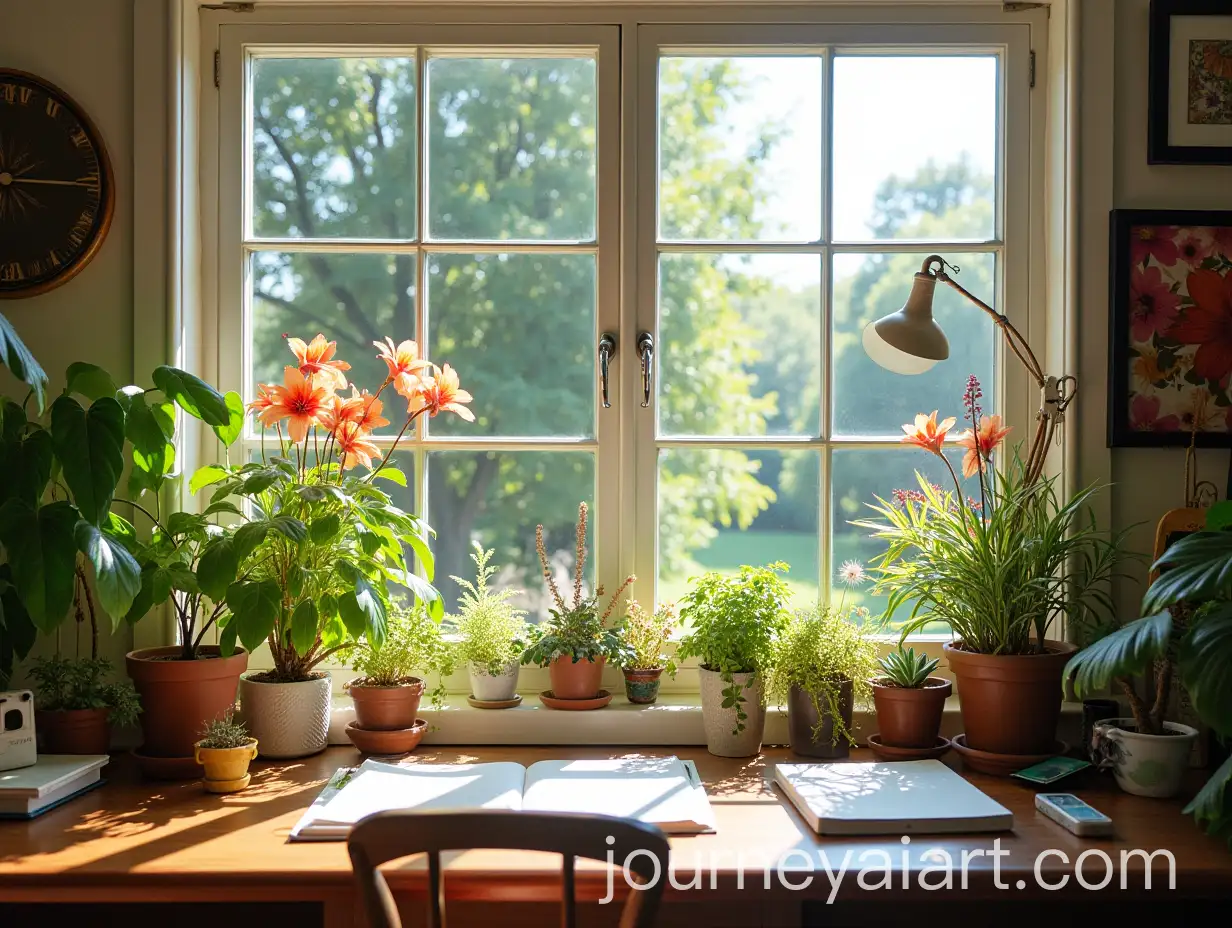 Bright-Workspace-with-Large-Window-Overlooking-a-Lush-Garden-of-Plants-and-Flowers
