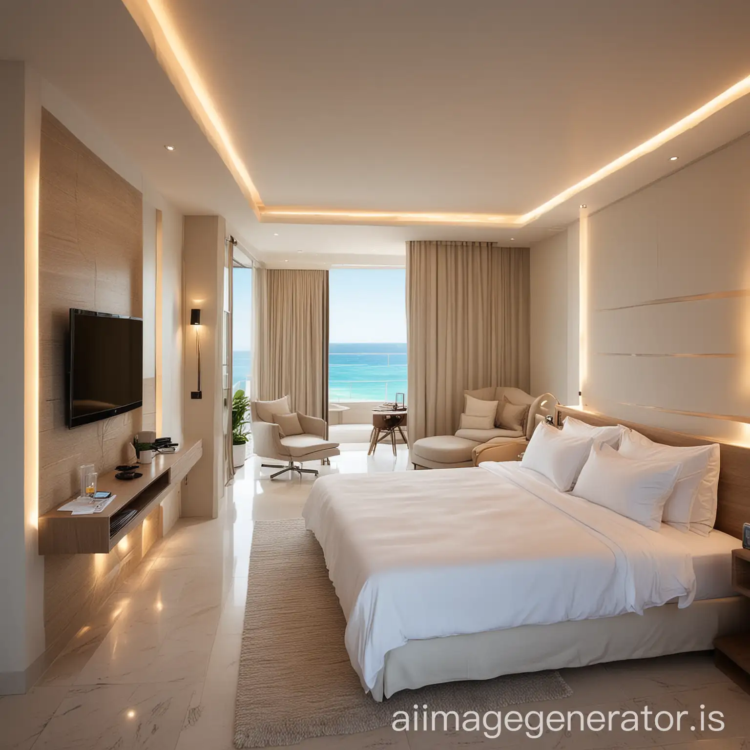 modern hotel room with light colors unique and luxury and beach front with music light touch concept