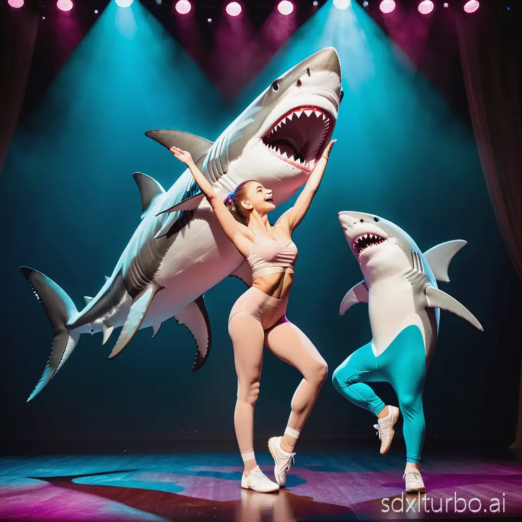 ballet dancer capuchino sings together with a shark dressed in sneakers on stage